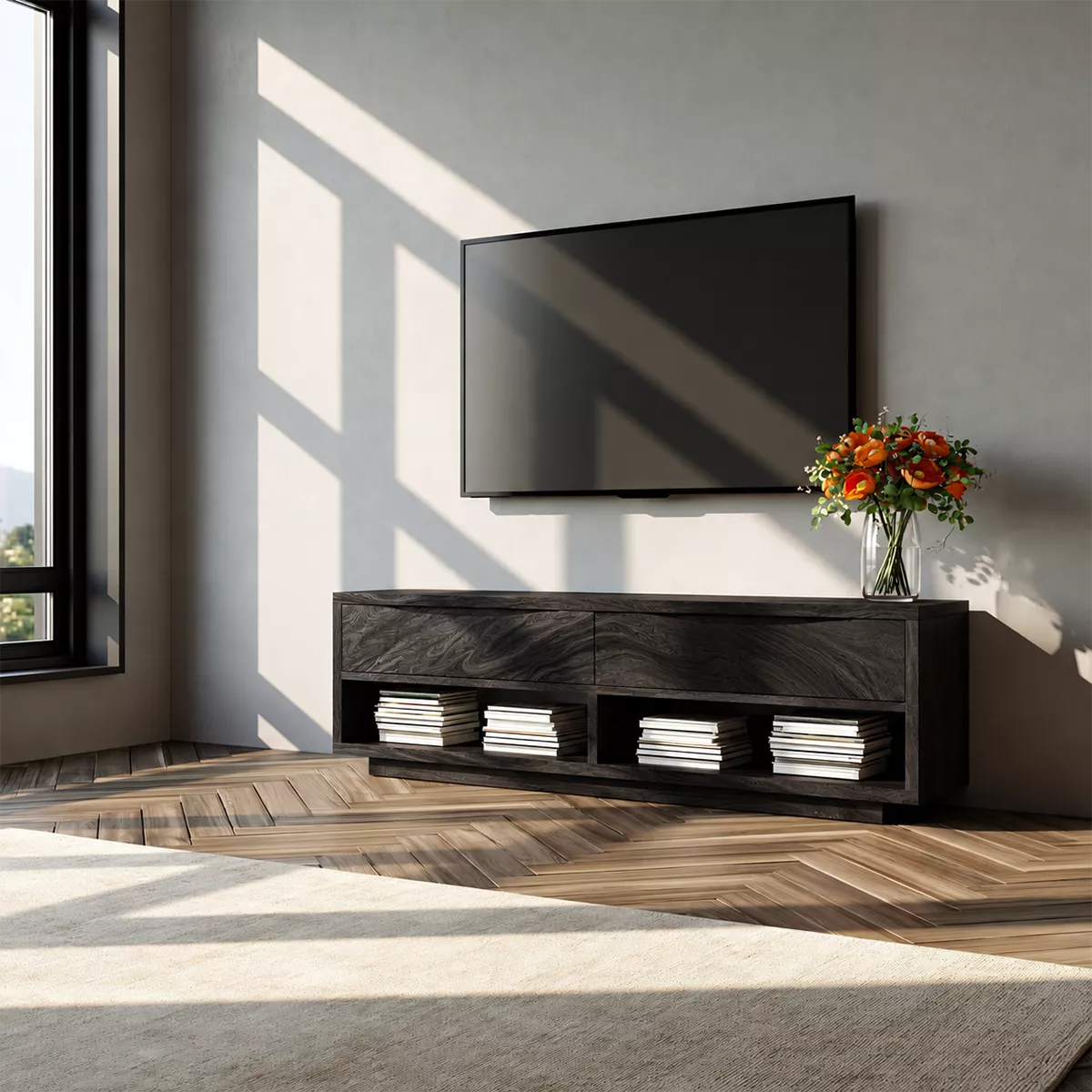Natural Solid Wood TV Stand With Open Media Shelves And Hidden Drawer Storage For Living Room
