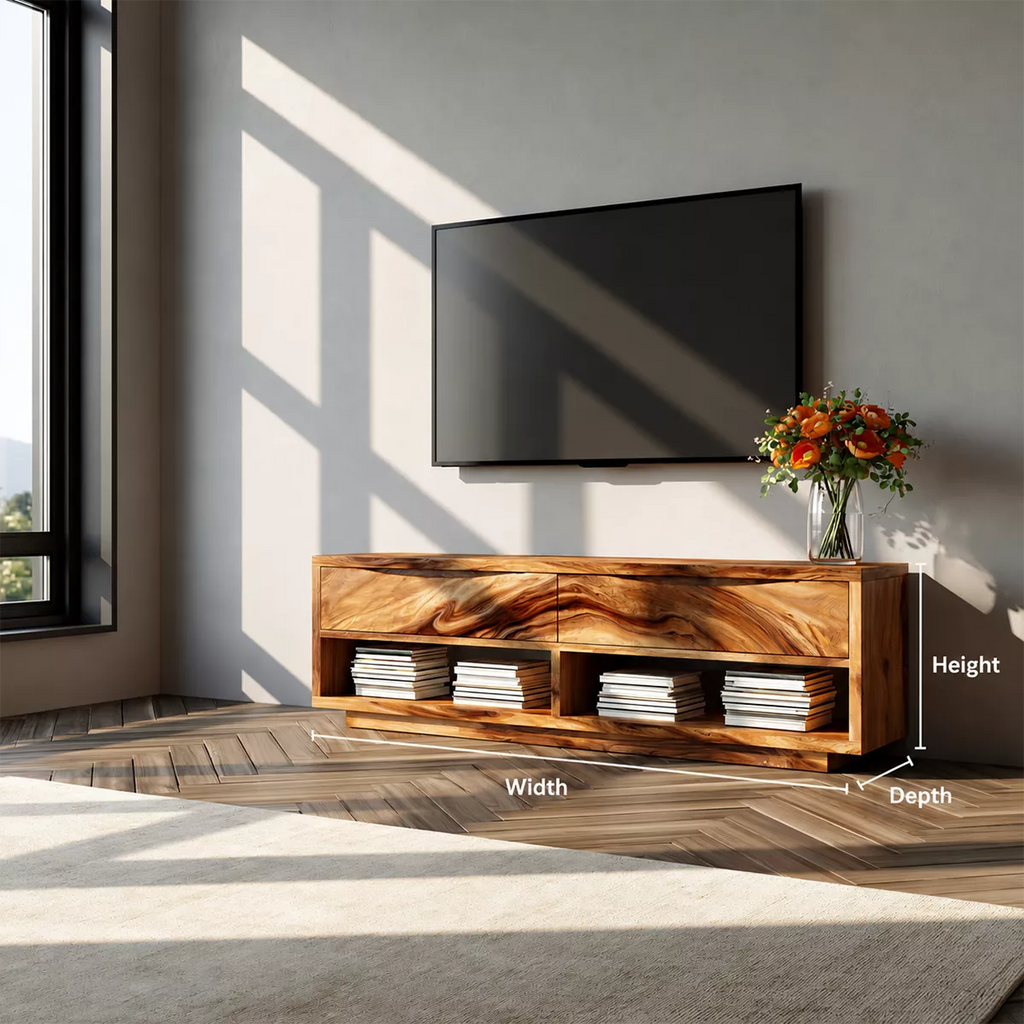 Natural Solid Wood TV Stand With Open Media Shelves And Hidden Drawer Storage For Living Room