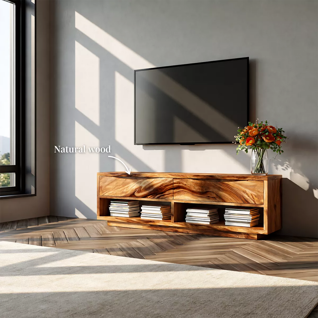 Natural Solid Wood TV Stand With Open Media Shelves And Hidden Drawer Storage For Living Room