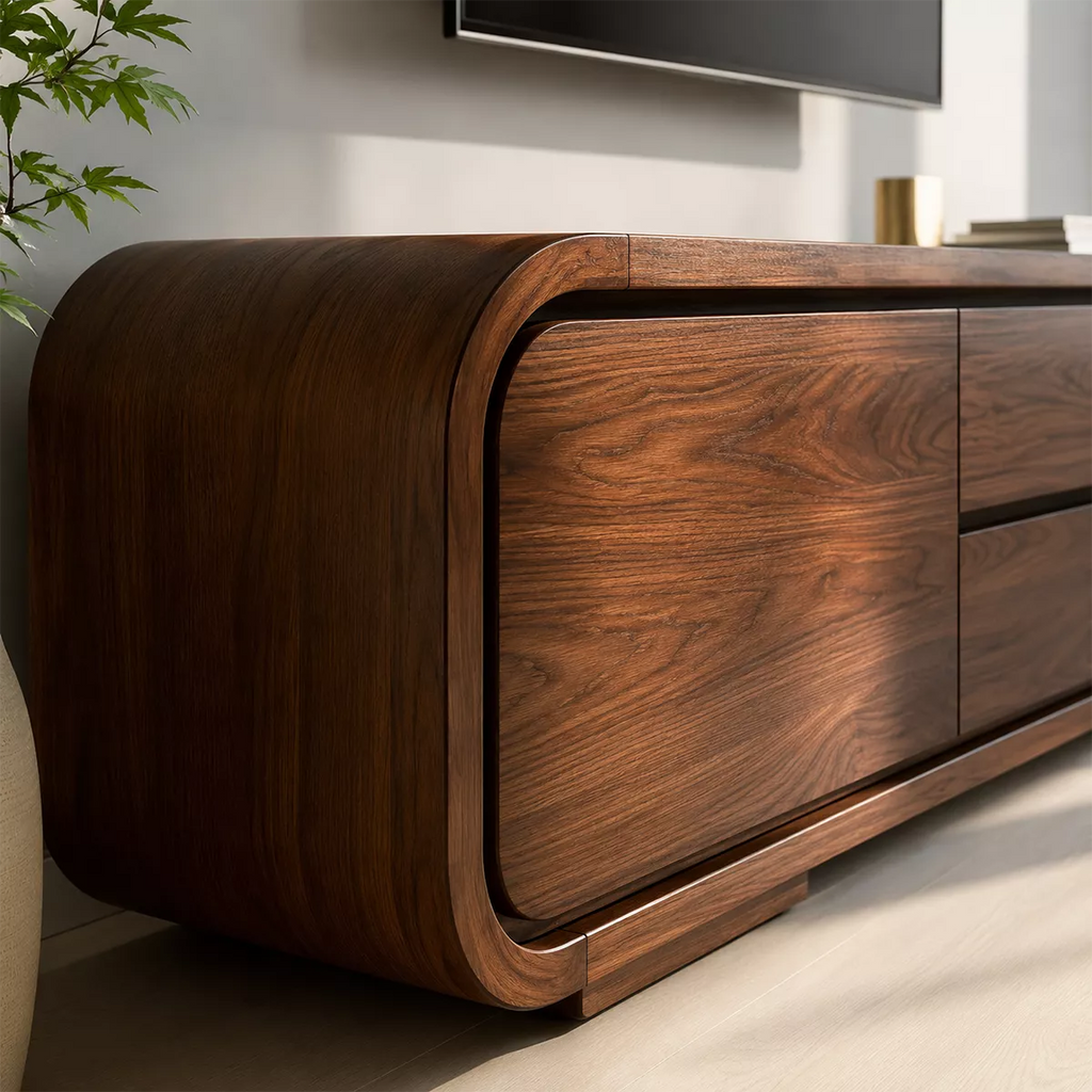 Rounded Walnut Wood TV Stand With Hidden Drawer Storage For Modern Living Room