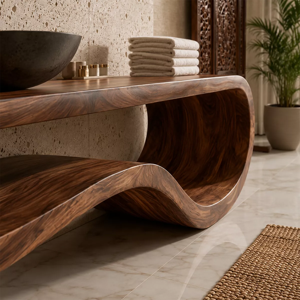 Sculptural Floating Solid Wood Bathroom Vanity With Organic Open Frame For Luxury Bathroom