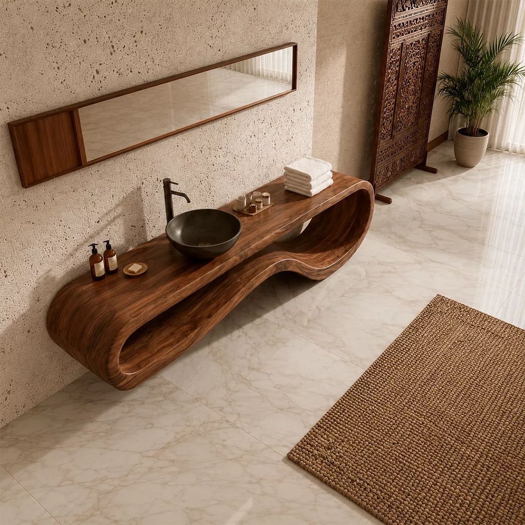 Sculptural Floating Solid Wood Bathroom Vanity With Organic Open Frame For Luxury Bathroom