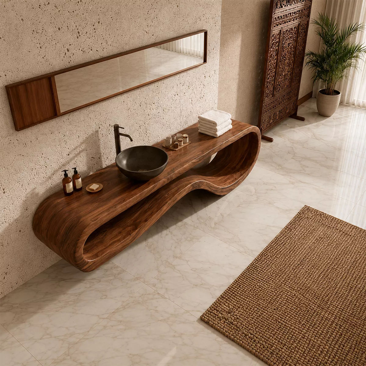 Sculptural Floating Solid Wood Bathroom Vanity With Organic Open Frame For Luxury Bathroom
