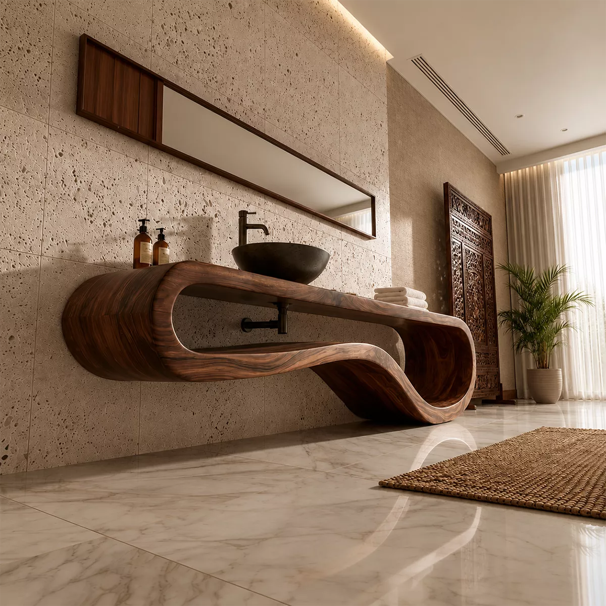 Sculptural Floating Solid Wood Bathroom Vanity With Organic Open Frame For Luxury Bathroom