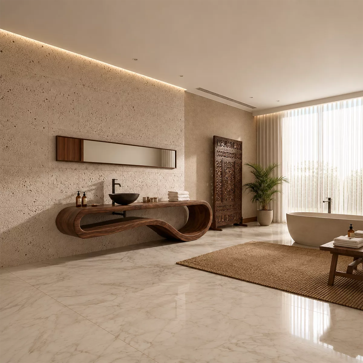 Sculptural Floating Solid Wood Bathroom Vanity With Organic Open Frame For Luxury Bathroom