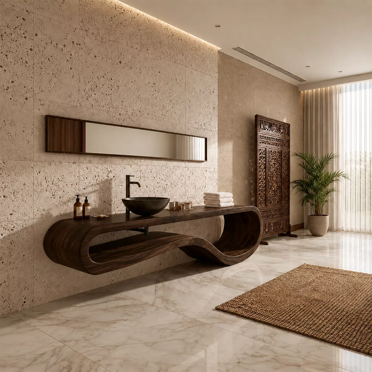 Sculptural Floating Solid Wood Bathroom Vanity With Organic Open Frame For Luxury Bathroom