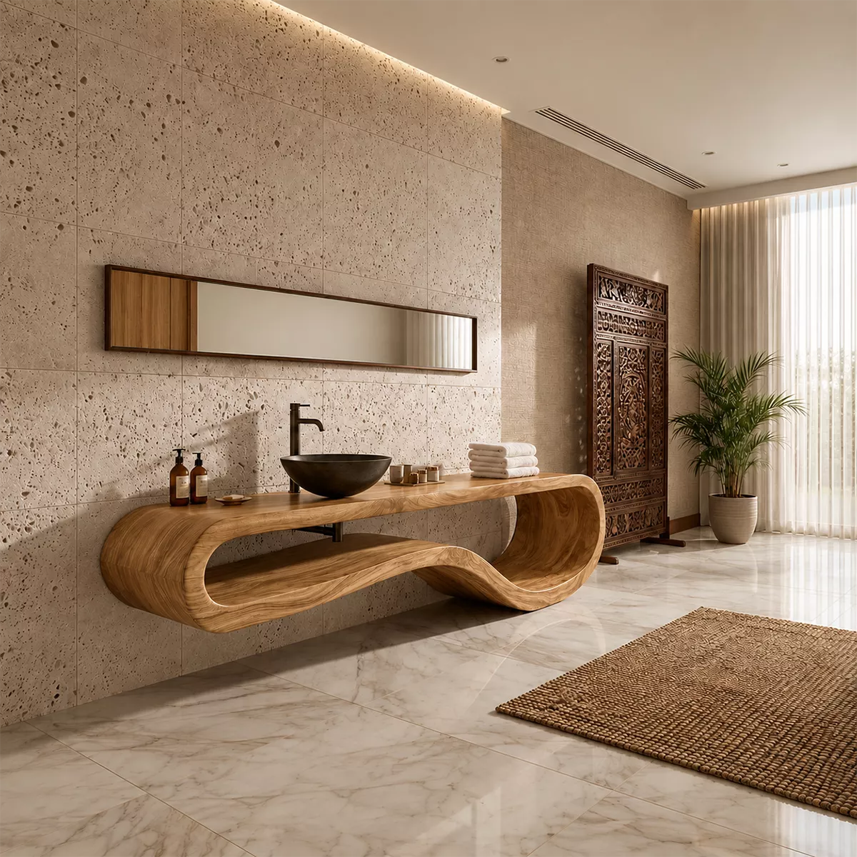 Sculptural Floating Solid Wood Bathroom Vanity With Organic Open Frame For Luxury Bathroom