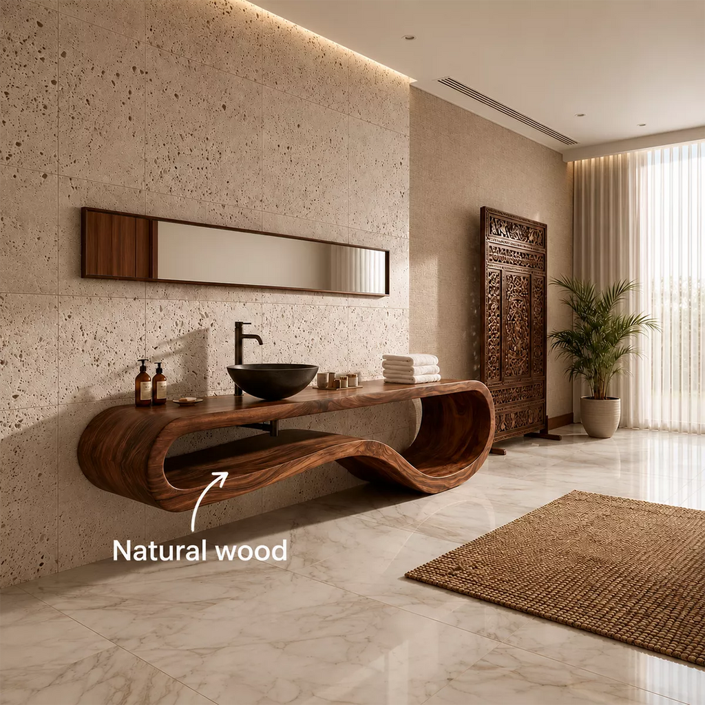 Sculptural Floating Solid Wood Bathroom Vanity With Organic Open Frame For Luxury Bathroom