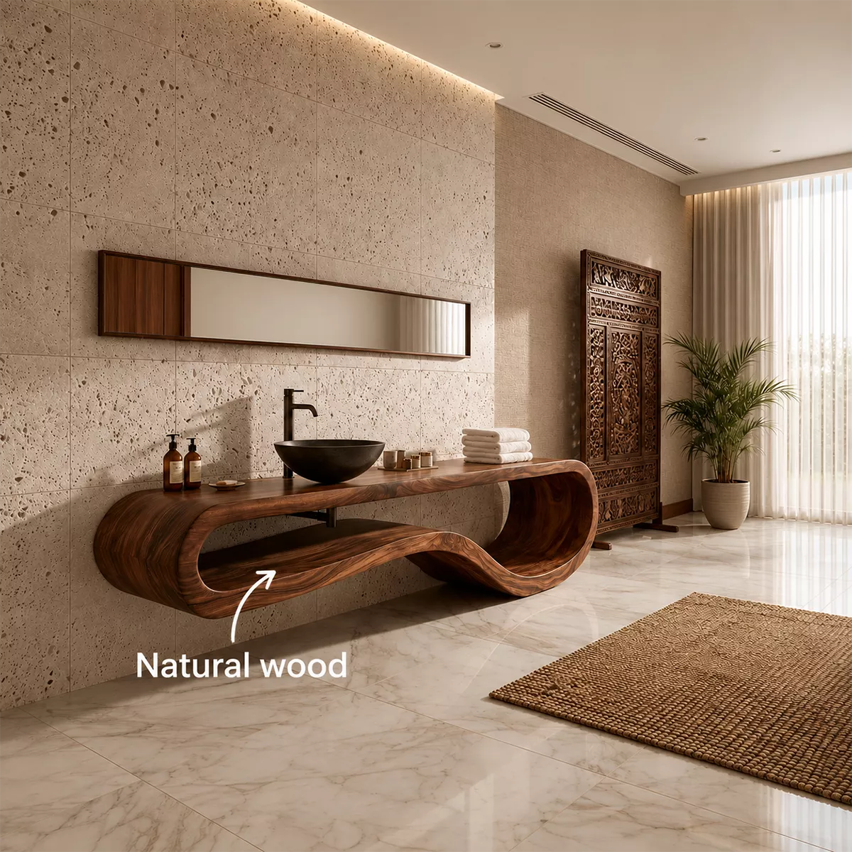 Sculptural Floating Solid Wood Bathroom Vanity With Organic Open Frame For Luxury Bathroom