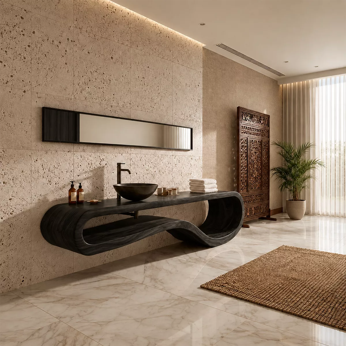 Sculptural Floating Solid Wood Bathroom Vanity With Organic Open Frame For Luxury Bathroom