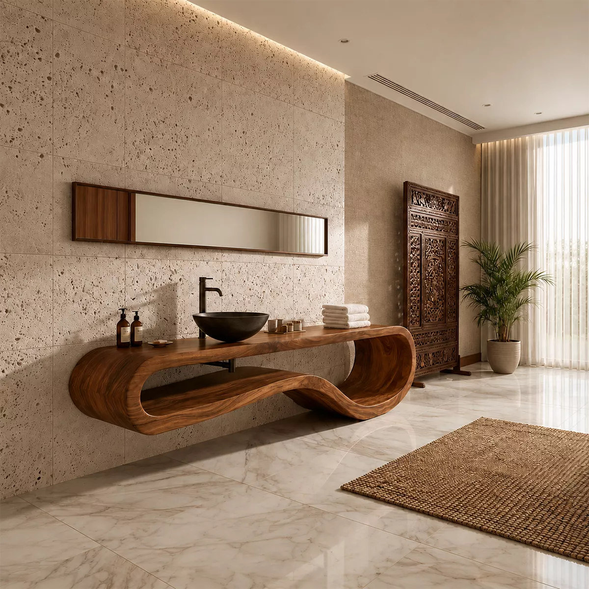 Sculptural Floating Solid Wood Bathroom Vanity With Organic Open Frame For Luxury Bathroom