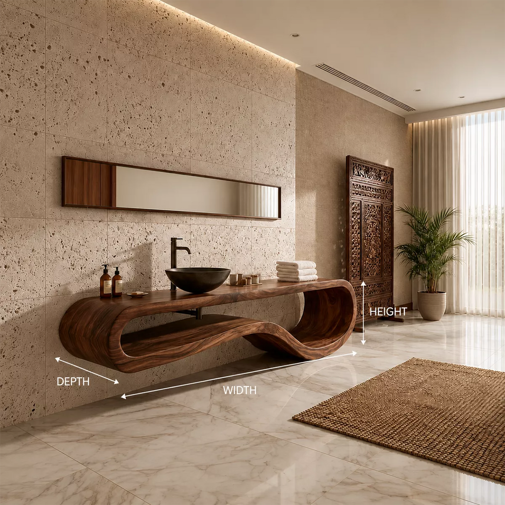 Sculptural Floating Solid Wood Bathroom Vanity With Organic Open Frame For Luxury Bathroom