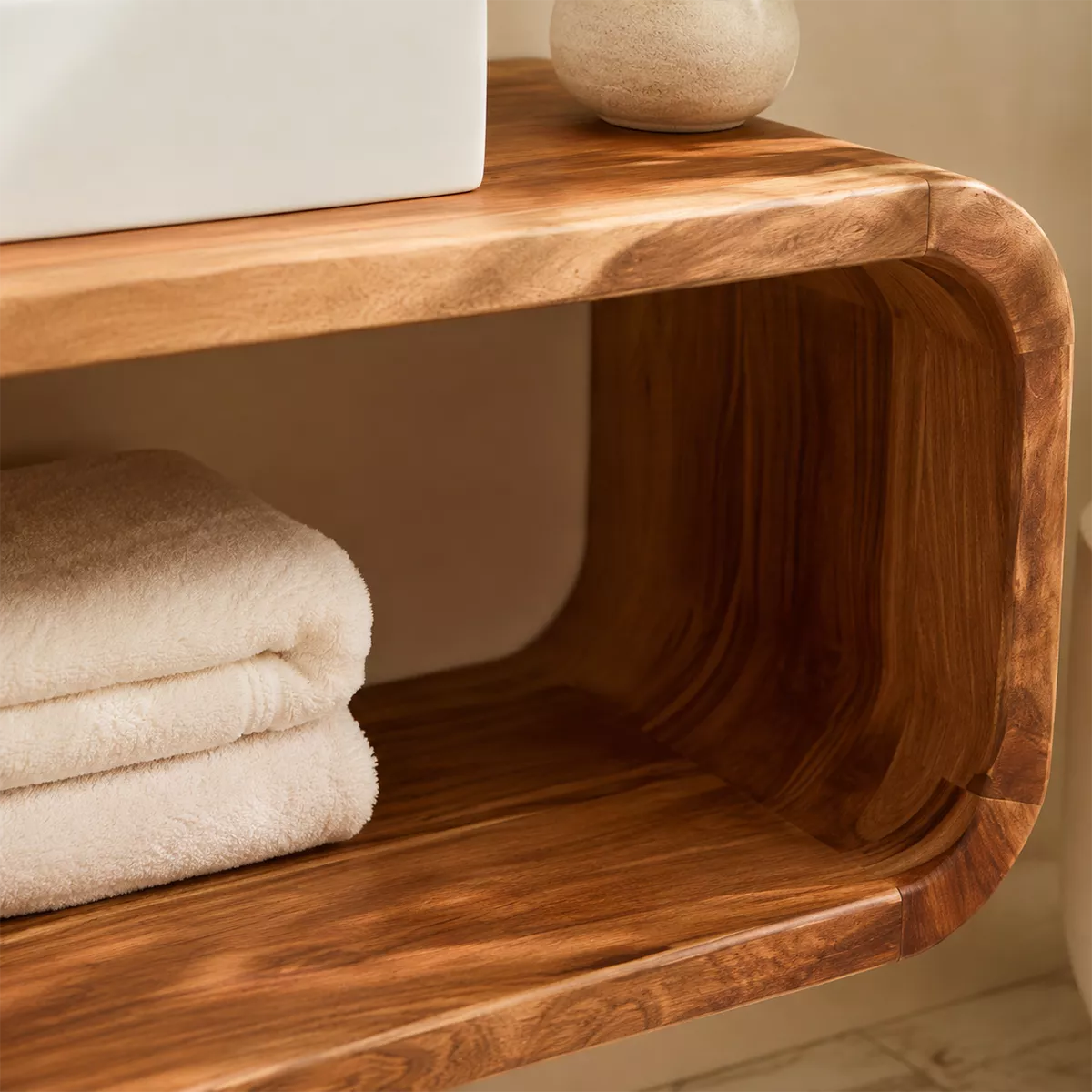 Floating Solid Wood Bathroom Vanity With Rounded Open Shelf And Natural Wood Grain