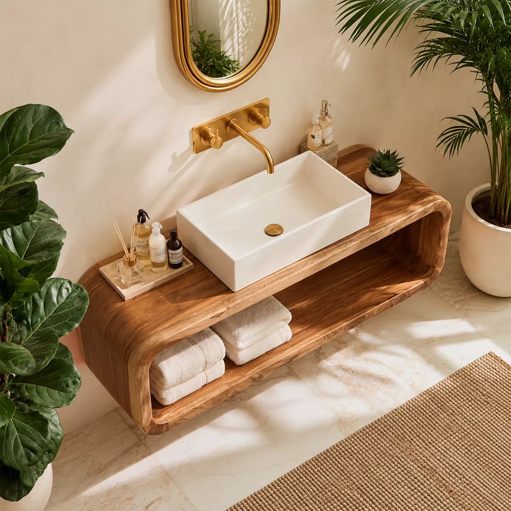 Floating Solid Wood Bathroom Vanity With Rounded Open Shelf And Natural Wood Grain