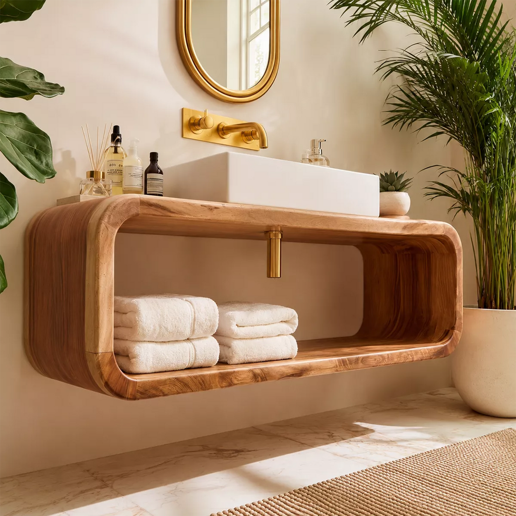 Floating Solid Wood Bathroom Vanity With Rounded Open Shelf And Natural Wood Grain