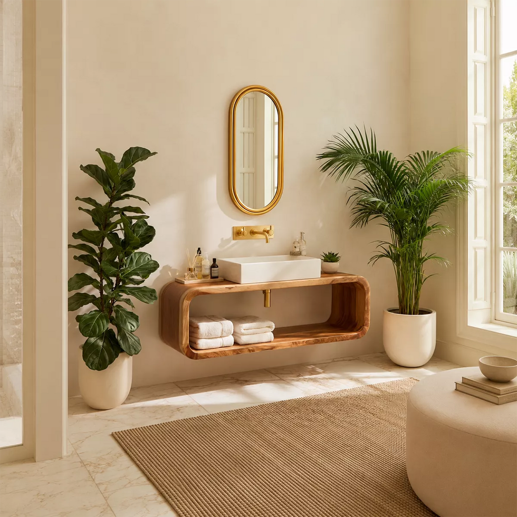 Floating Solid Wood Bathroom Vanity With Rounded Open Shelf And Natural Wood Grain