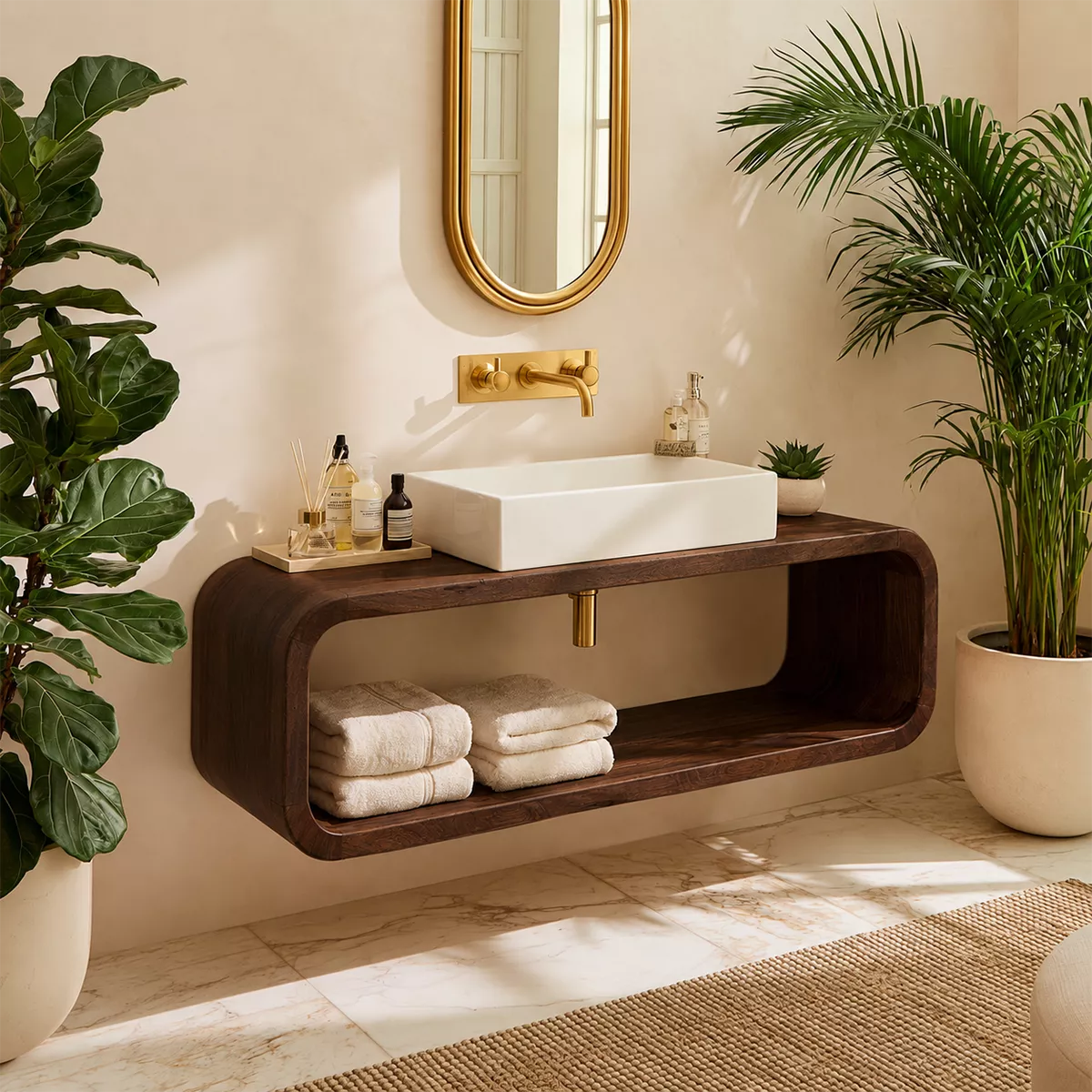 Floating Solid Wood Bathroom Vanity With Rounded Open Shelf And Natural Wood Grain