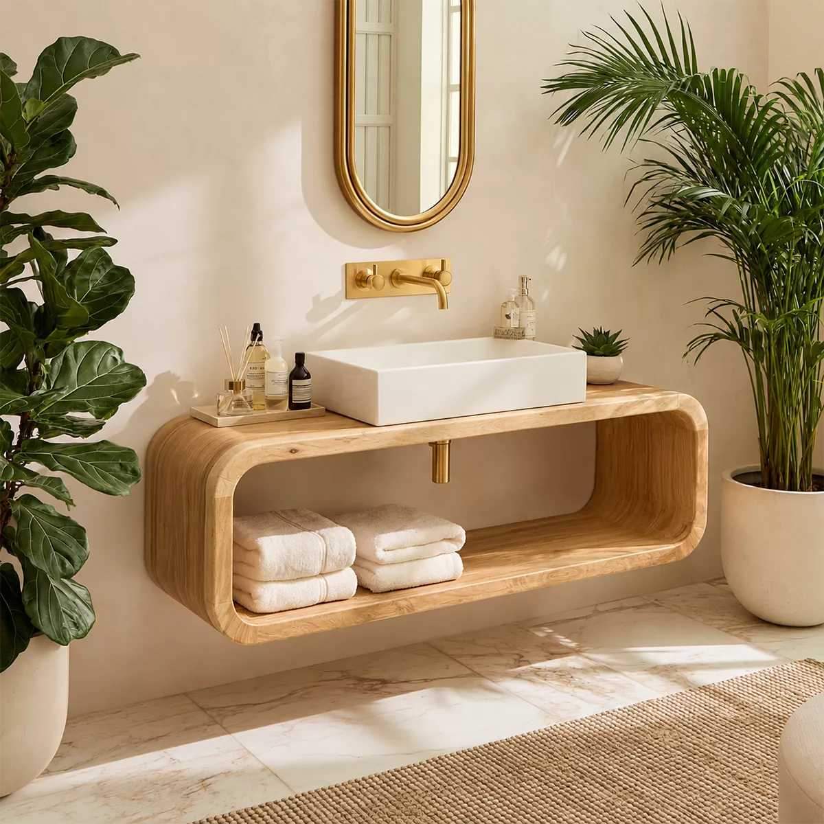 Floating Solid Wood Bathroom Vanity With Rounded Open Shelf And Natural Wood Grain