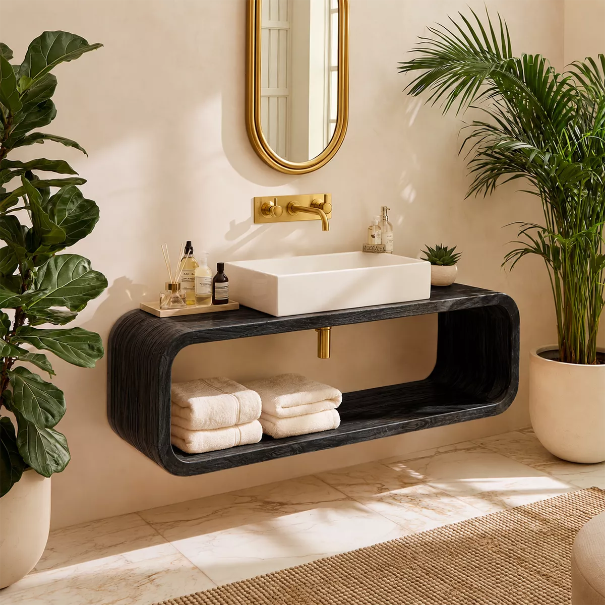 Floating Solid Wood Bathroom Vanity With Rounded Open Shelf And Natural Wood Grain