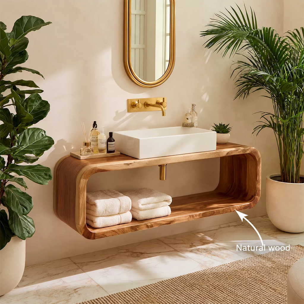 Floating Solid Wood Bathroom Vanity With Rounded Open Shelf And Natural Wood Grain
