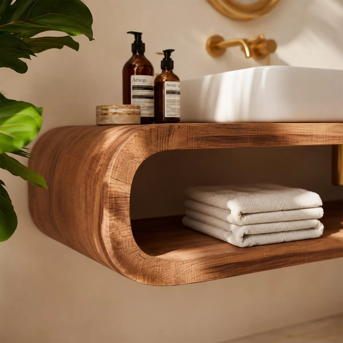 Floating Solid Wood Bathroom Vanity With Rounded Open Shelf And Natural Wood Grain