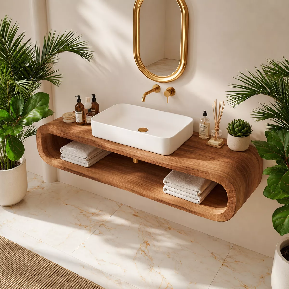Floating Solid Wood Bathroom Vanity With Rounded Open Shelf And Natural Wood Grain