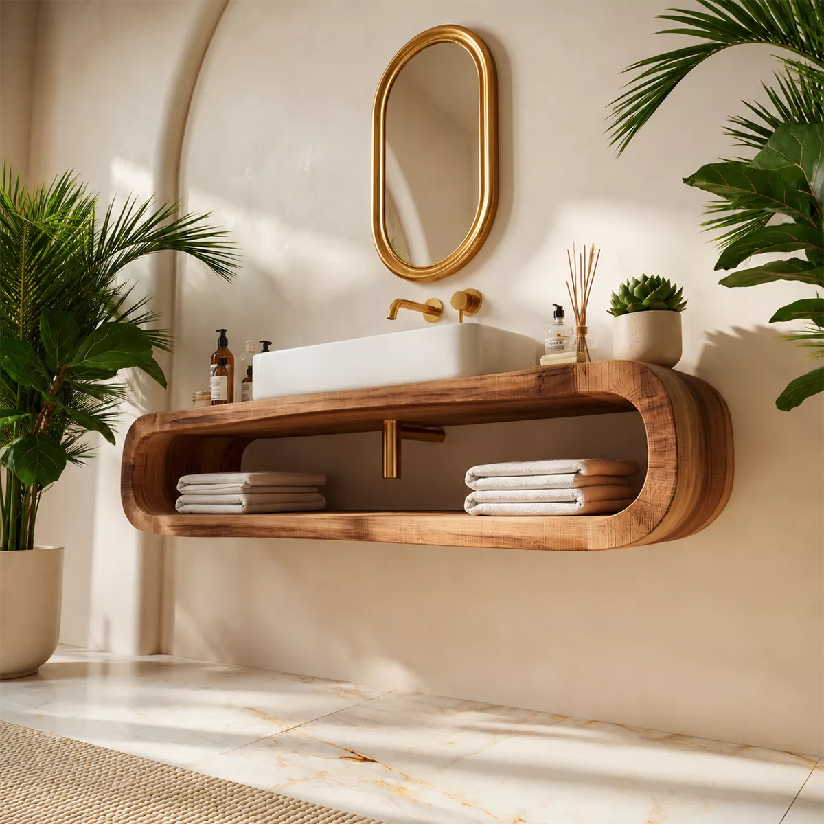 Floating Solid Wood Bathroom Vanity With Rounded Open Shelf And Natural Wood Grain
