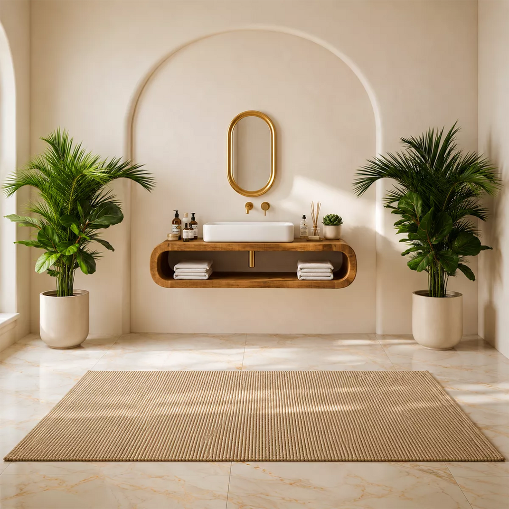 Floating Solid Wood Bathroom Vanity With Rounded Open Shelf And Natural Wood Grain