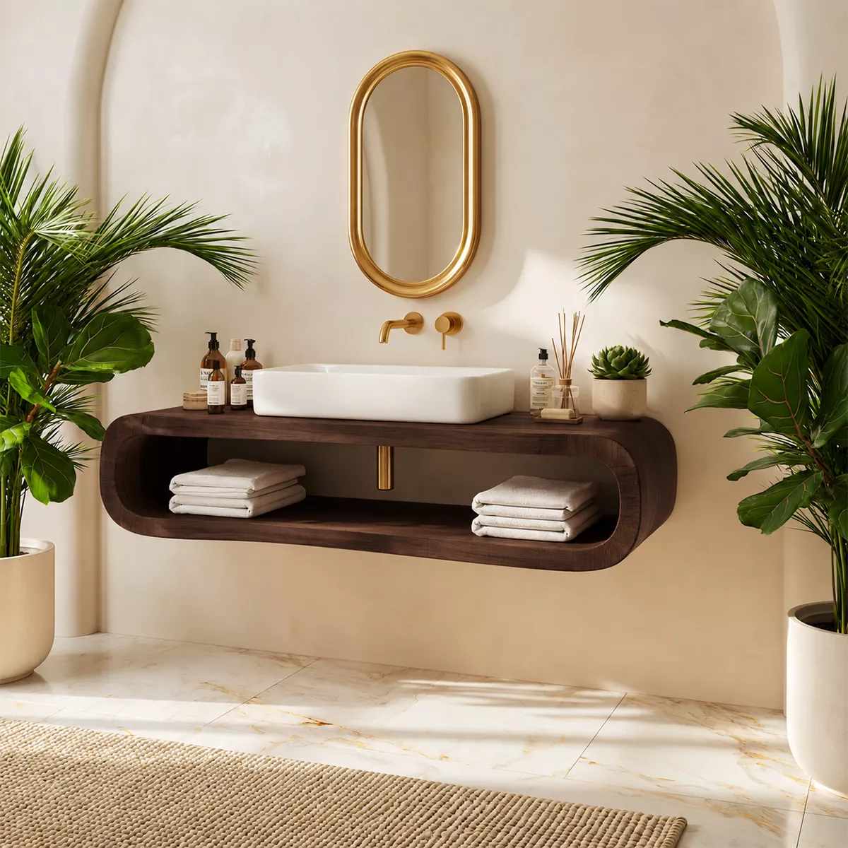 Floating Solid Wood Bathroom Vanity With Rounded Open Shelf And Natural Wood Grain