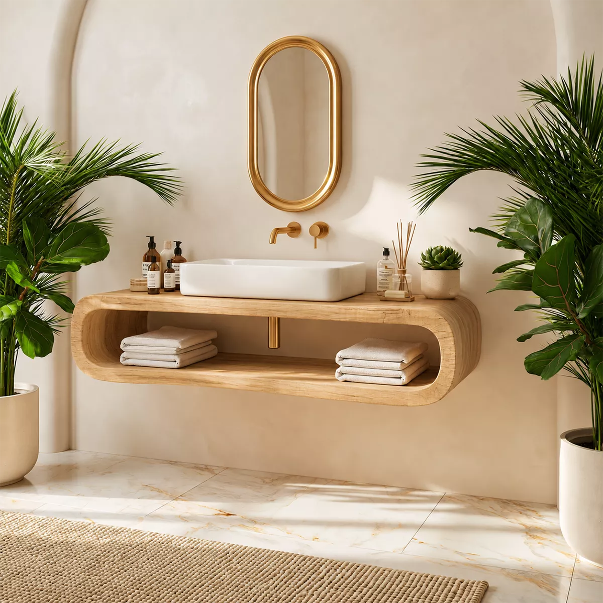 Floating Solid Wood Bathroom Vanity With Rounded Open Shelf And Natural Wood Grain