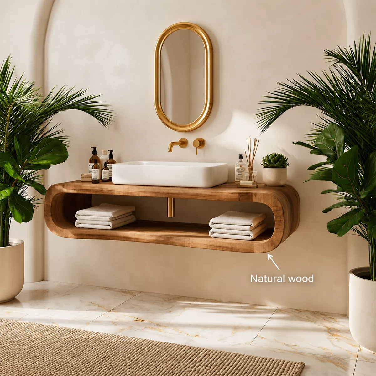 Floating Solid Wood Bathroom Vanity With Rounded Open Shelf And Natural Wood Grain