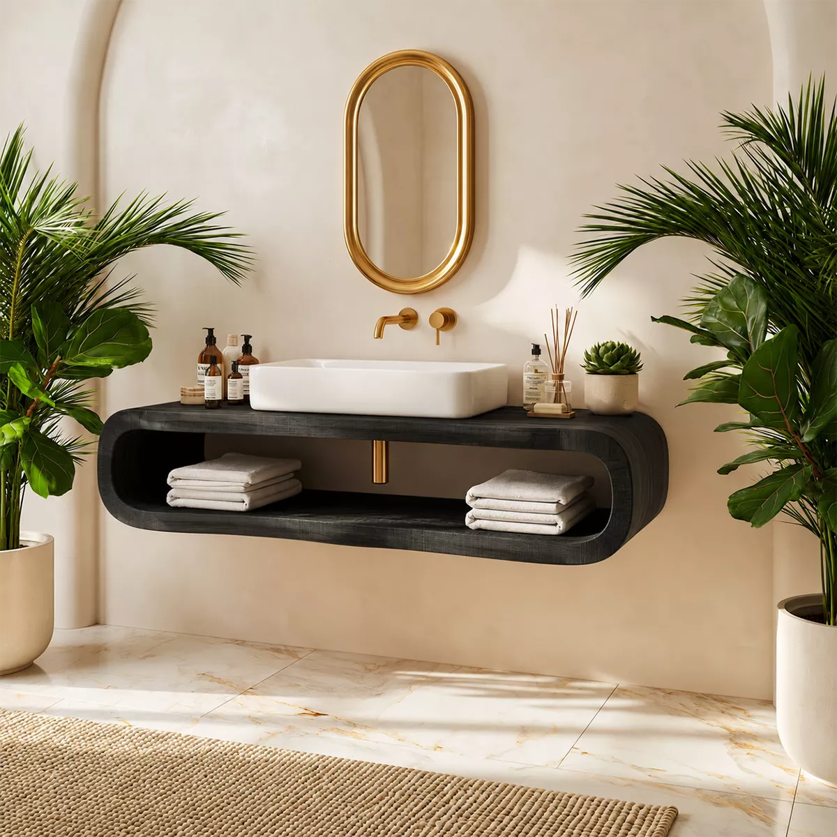 Floating Solid Wood Bathroom Vanity With Rounded Open Shelf And Natural Wood Grain