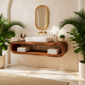 Floating Solid Wood Bathroom Vanity With Rounded Open Shelf And Natural Wood Grain