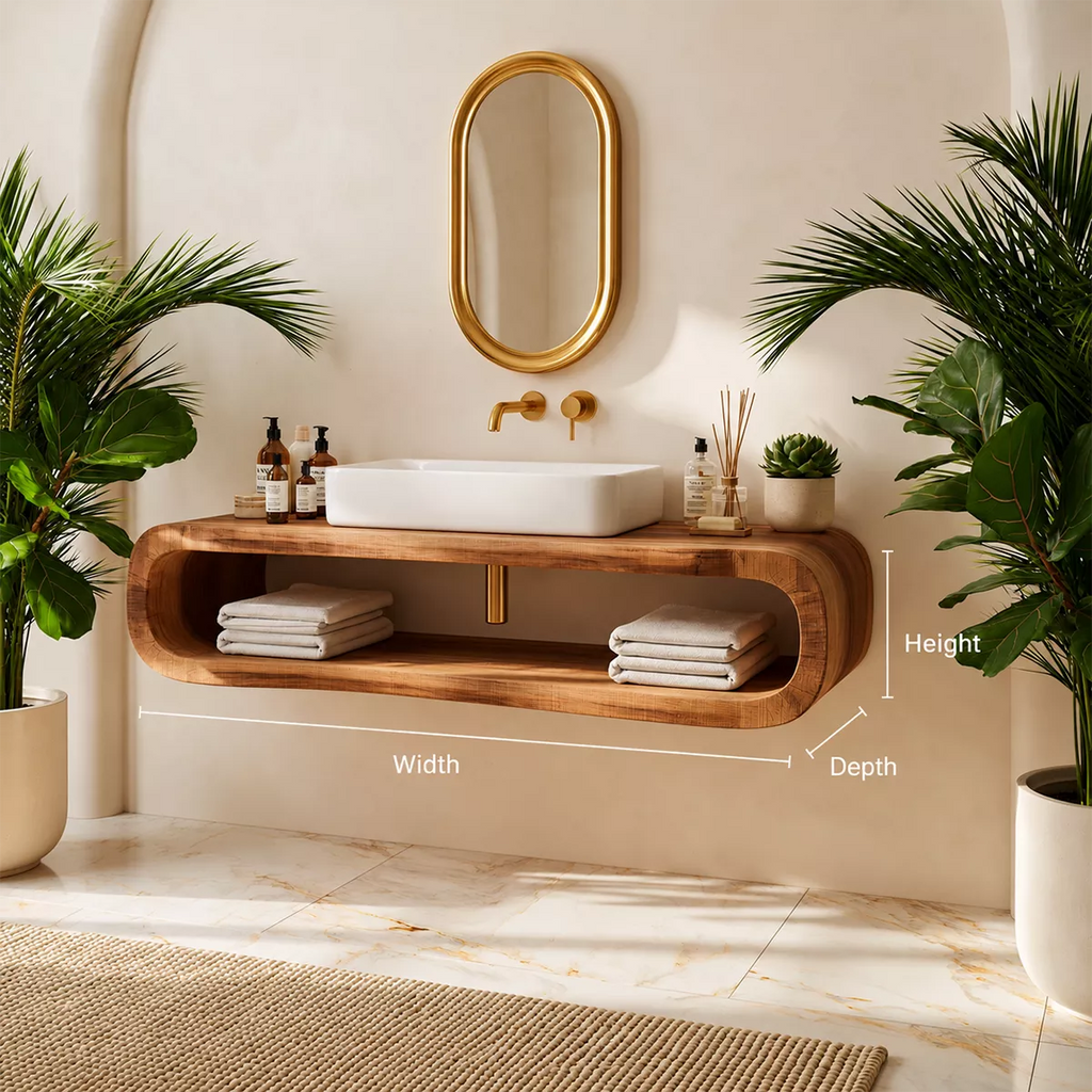 Floating Solid Wood Bathroom Vanity With Rounded Open Shelf And Natural Wood Grain
