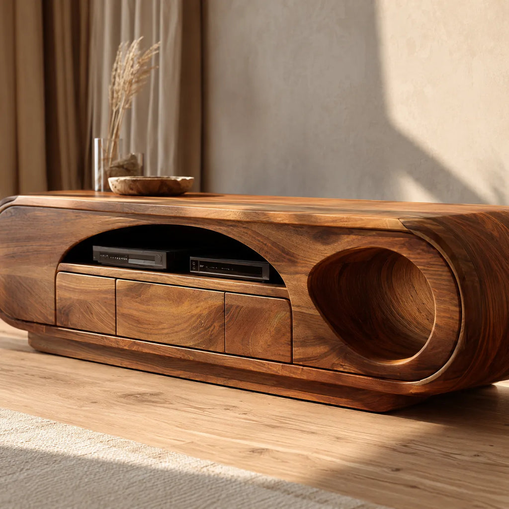 Artisan Natural Solid Wood TV Stand with Curved Open Media Storage