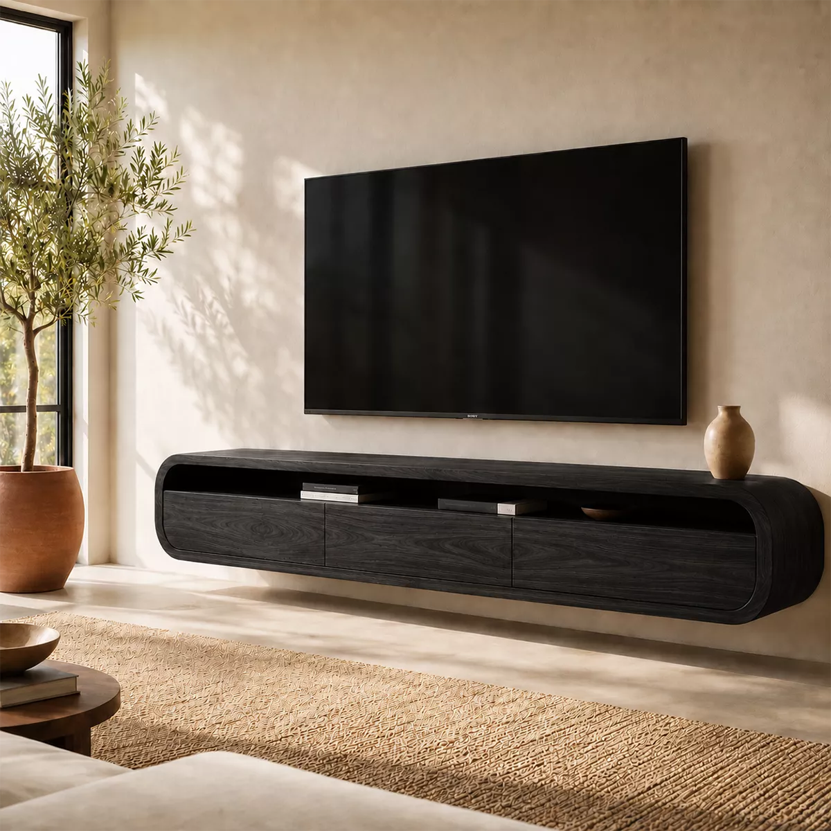 Floating Rounded Solid Wood TV Stand With Open Media Shelf And Hidden Drawer Storage For Living Room