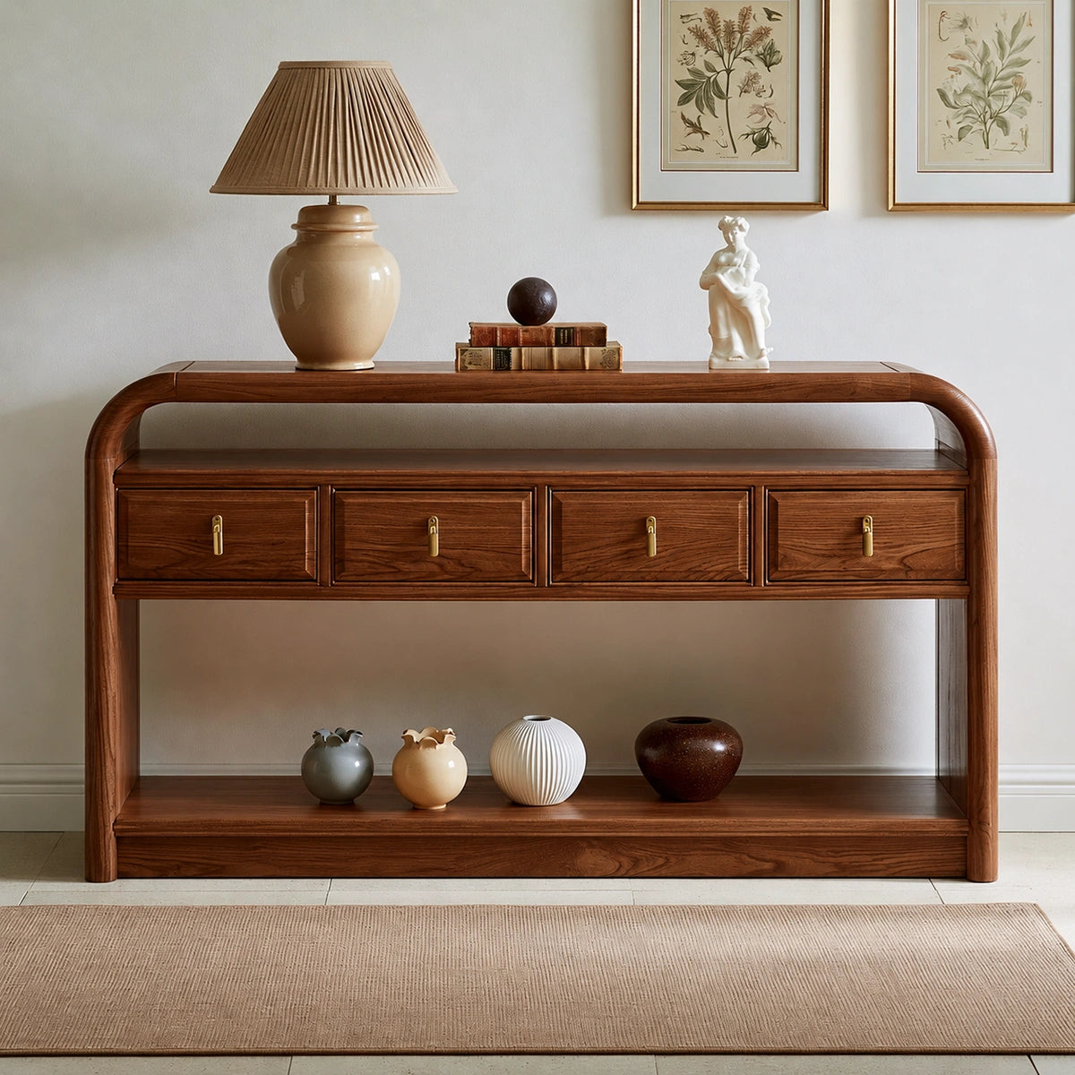 Solid Wood Console Table with Drawers and Open Shelf
