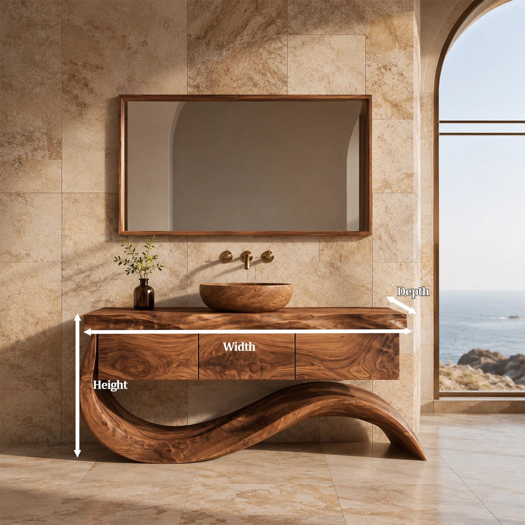 Organic Solid Wood Bathroom Vanity With Wave Sculptural Base
