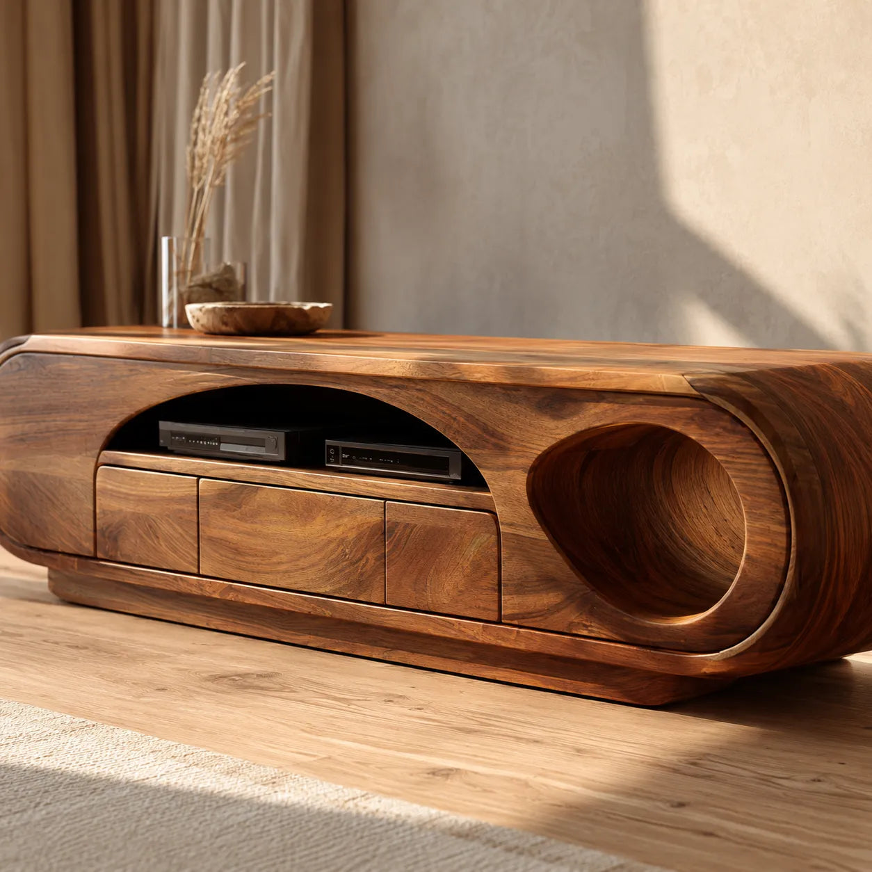 Artisan Natural Solid Wood TV Stand with Curved Open Media Storage - Livewoodcraft - 3