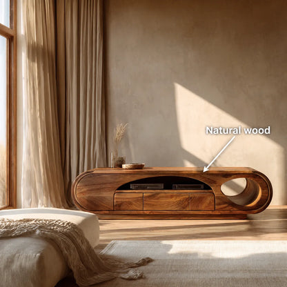 Artisan Natural Solid Wood TV Stand with Curved Open Media Storage - Livewoodcraft - 7