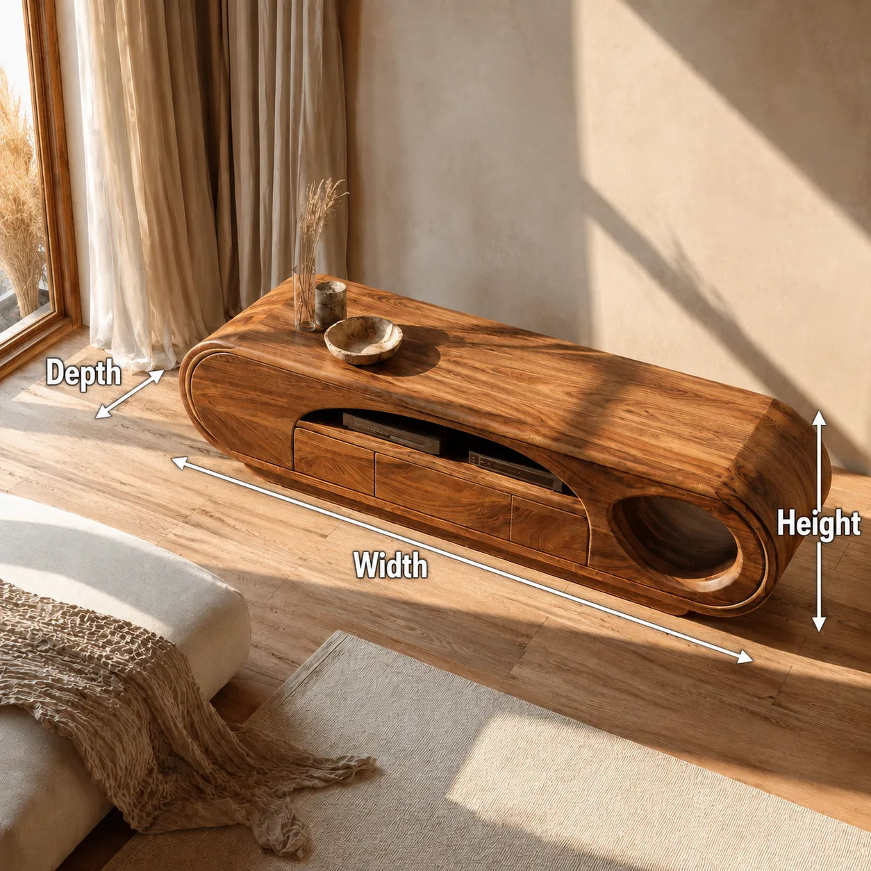 Artisan Natural Solid Wood TV Stand with Curved Open Media Storage - Livewoodcraft - 8