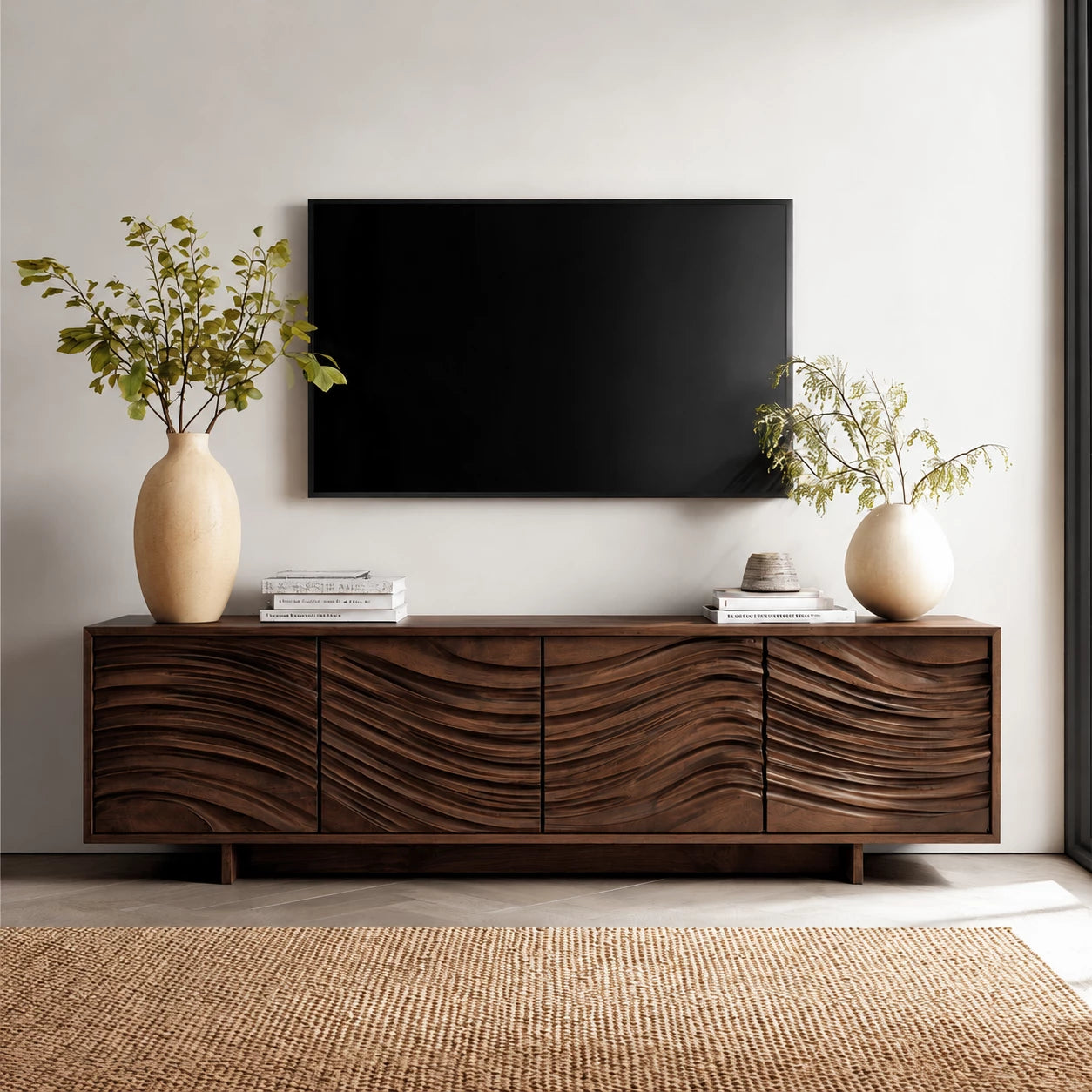 Artisan Wave Natural Solid Wood TV Stand with Sculpted Storage Doors - Livewoodcraft - 10