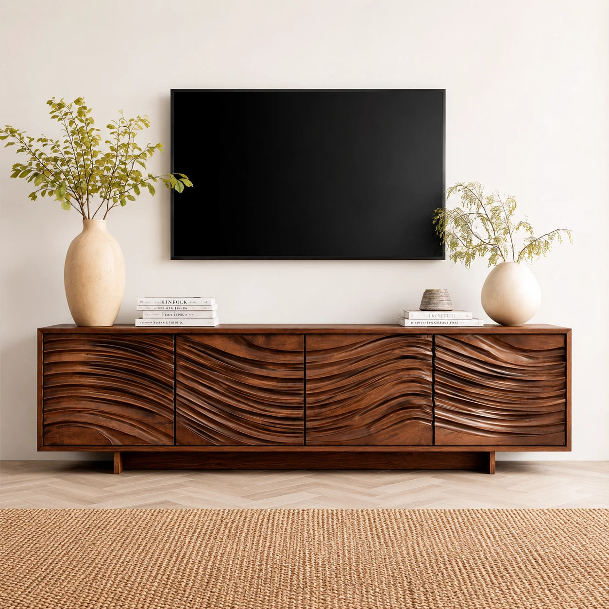 Artisan Wave Natural Solid Wood TV Stand with Sculpted Storage Doors - Livewoodcraft - 11