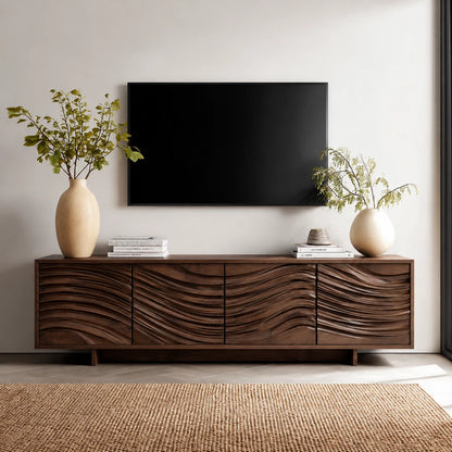 Artisan Wave Natural Solid Wood TV Stand with Sculpted Storage Doors - Livewoodcraft - 12
