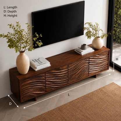 Artisan Wave Natural Solid Wood TV Stand with Sculpted Storage Doors - Livewoodcraft - 2