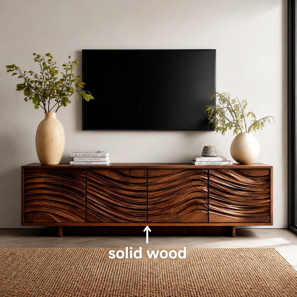 Artisan Wave Natural Solid Wood TV Stand with Sculpted Storage Doors - Livewoodcraft - 3
