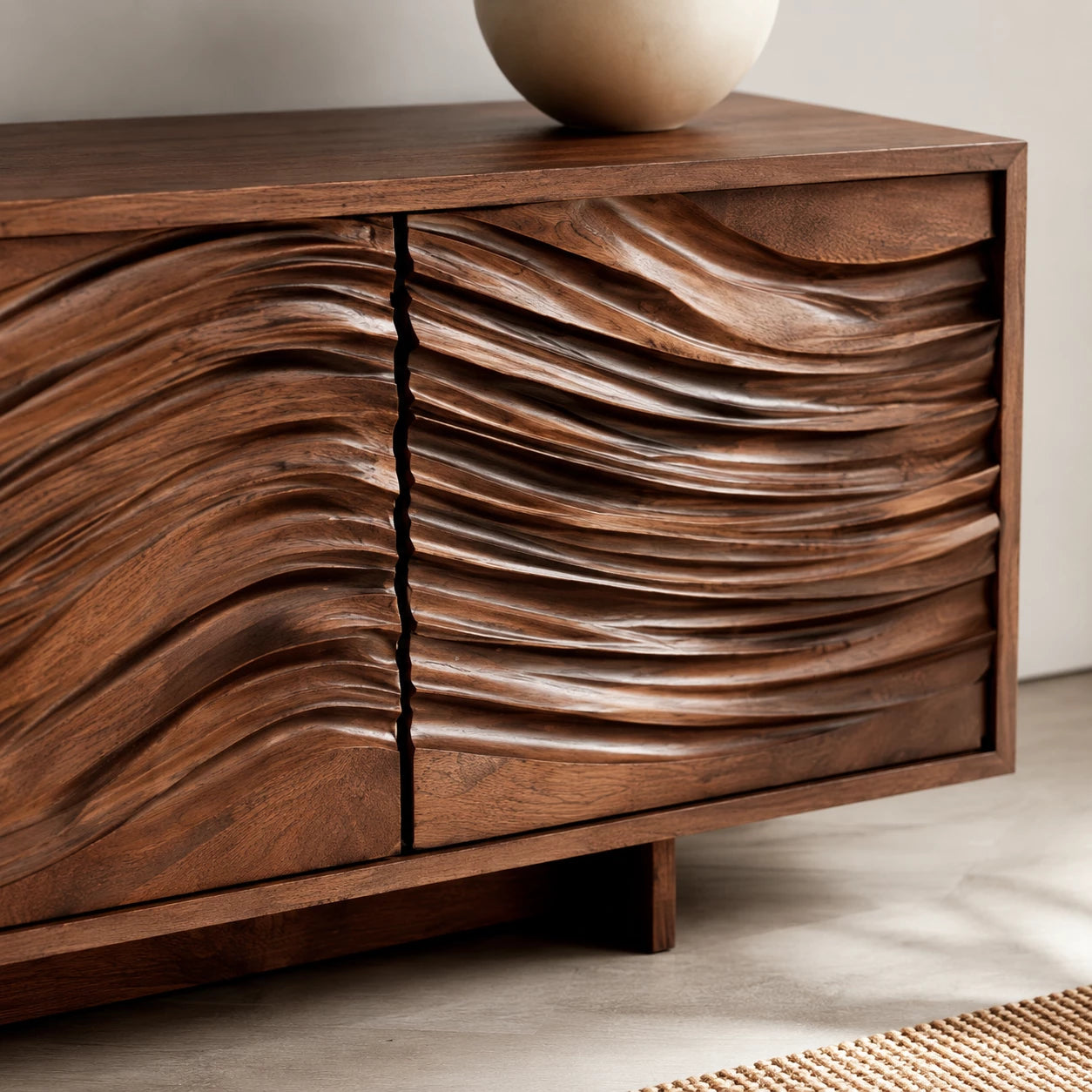 Artisan Wave Natural Solid Wood TV Stand with Sculpted Storage Doors - Livewoodcraft - 4