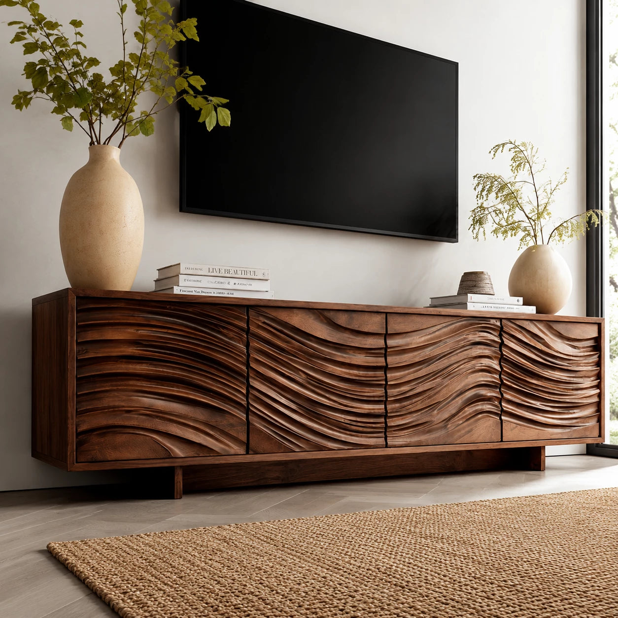 Artisan Wave Natural Solid Wood TV Stand with Sculpted Storage Doors - Livewoodcraft - 5