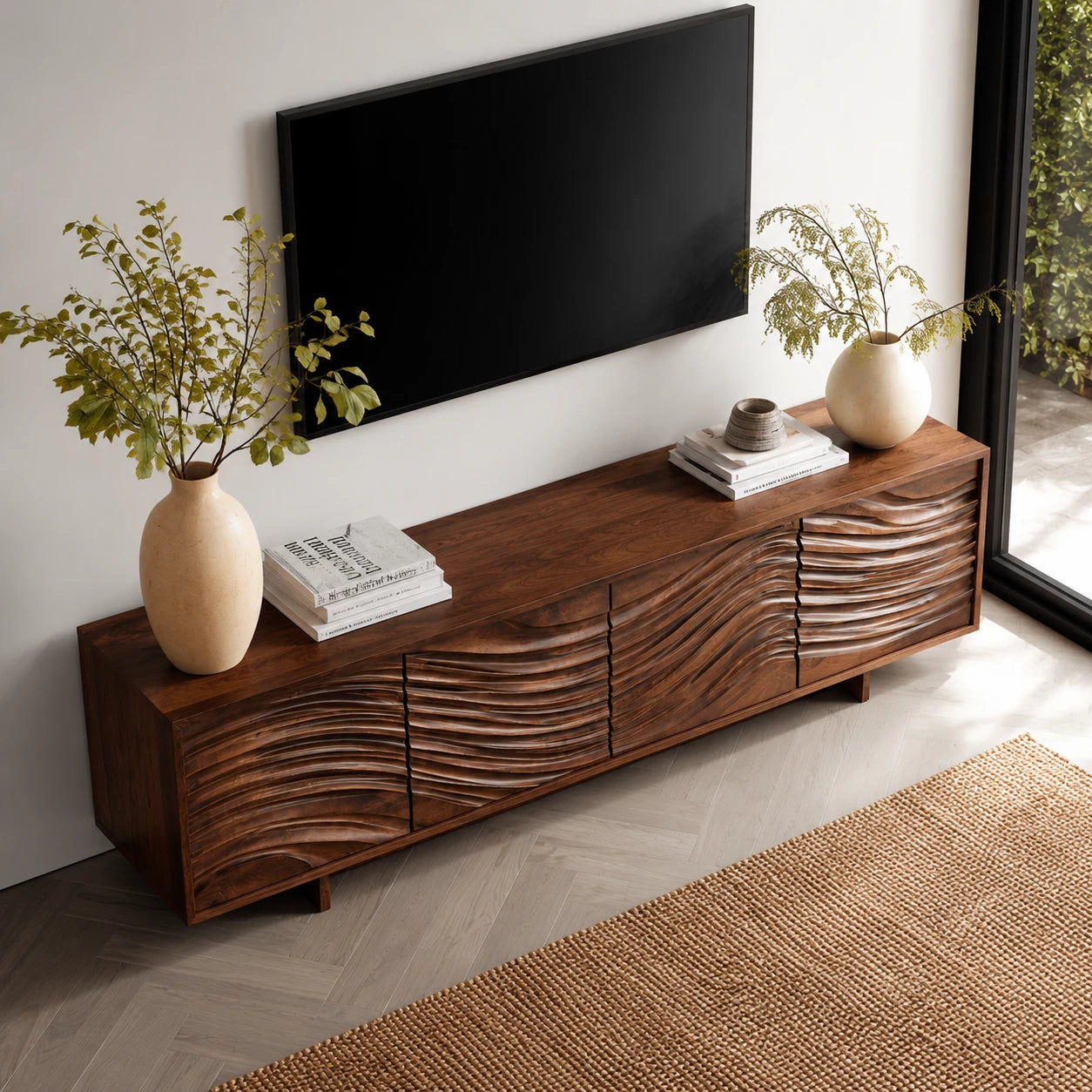 Artisan Wave Natural Solid Wood TV Stand with Sculpted Storage Doors - Livewoodcraft - 6