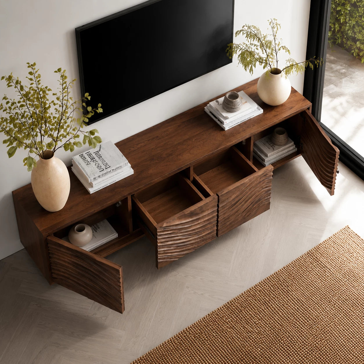 Artisan Wave Natural Solid Wood TV Stand with Sculpted Storage Doors - Livewoodcraft - 7